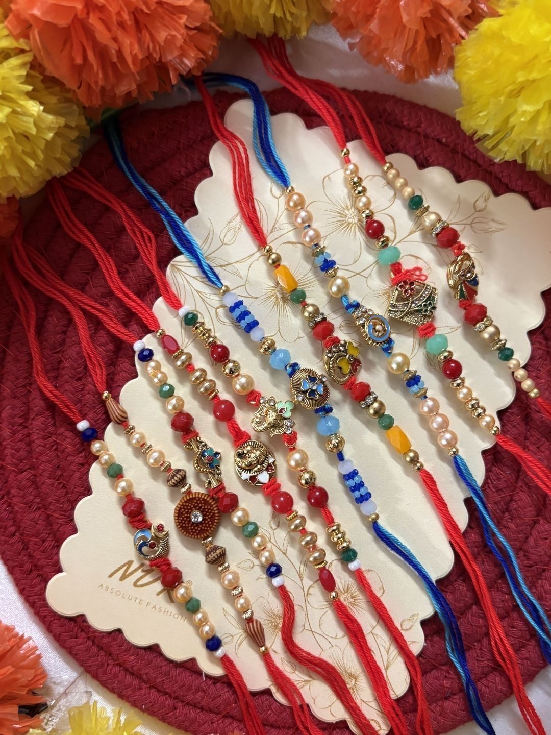 Anouk Set Of 10 Artificial Stones & Beads Thread Rakhi With Roli Chawal Chandan Mishri