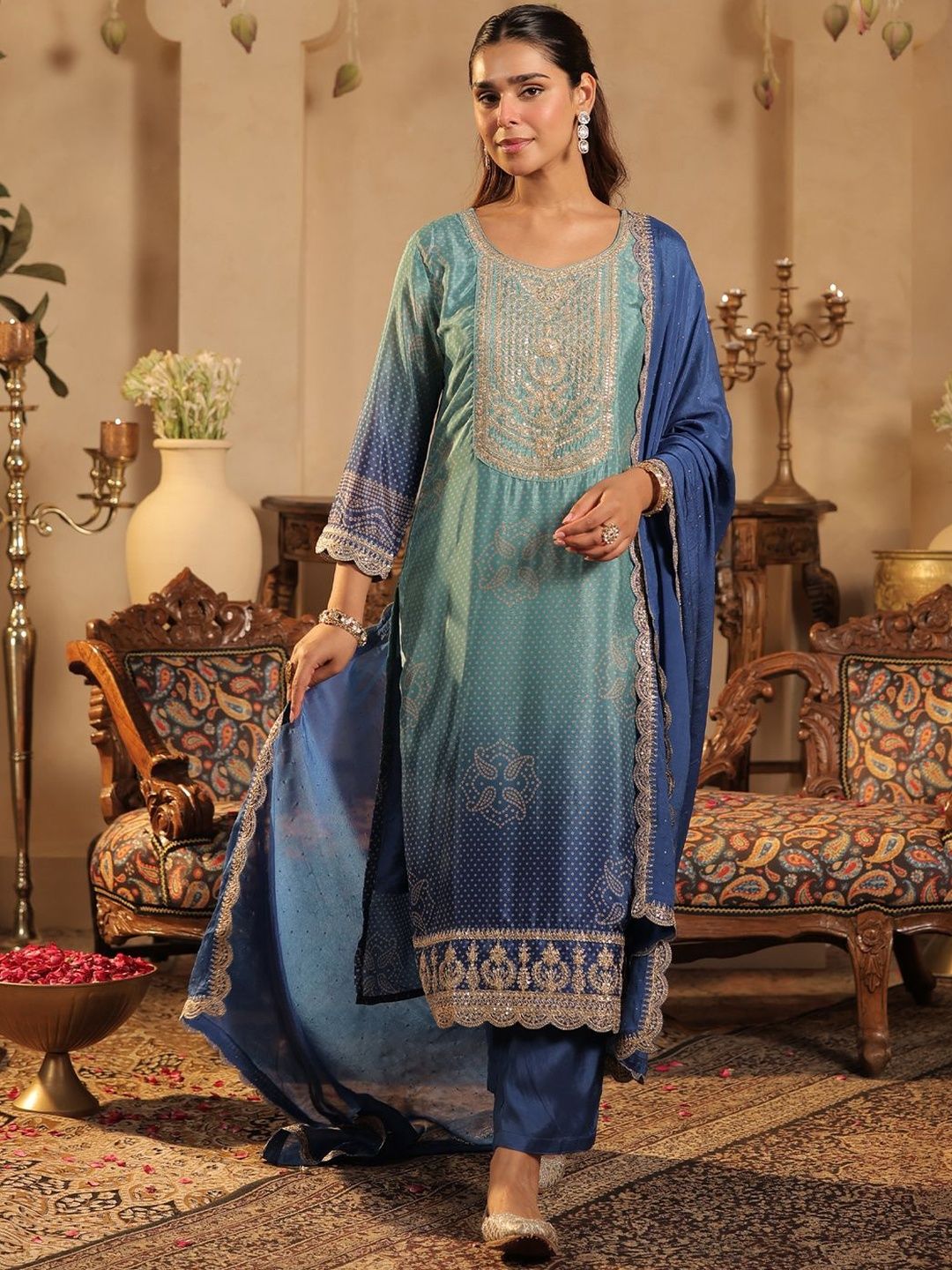 Bandhani Printed Sequinned Straight Kurta & Trousers With Dupatta