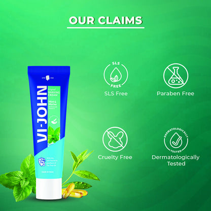 VI-JOHN anti-bacterial shaving cream with vitamin E, mint, and marine extracts, dermatologically tested for a smooth shave.