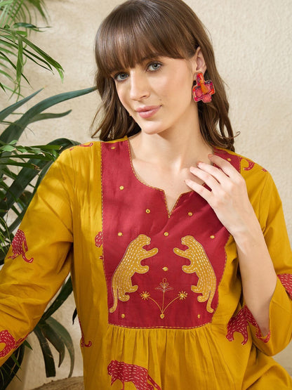 Women Animal Printed Tiered Thread Work Pure Cotton Kurta with Trousers