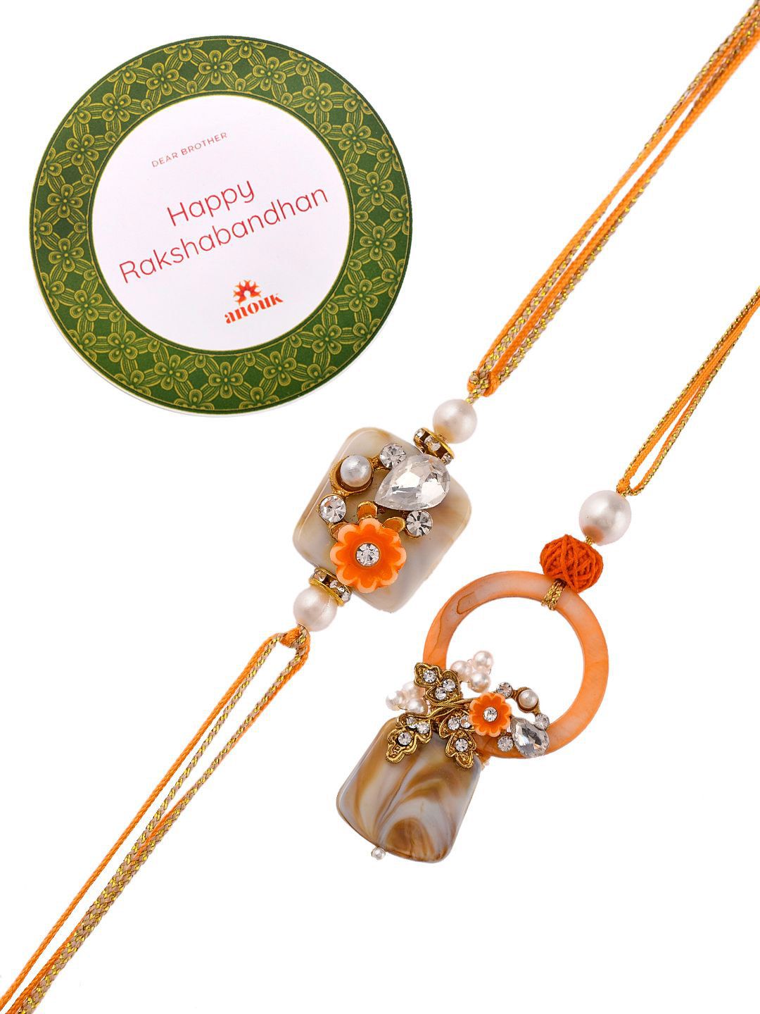 Anouk Orange Beaded Bhaiya Bhabhi Rakhi With Roli Chawal & Greeting Card
