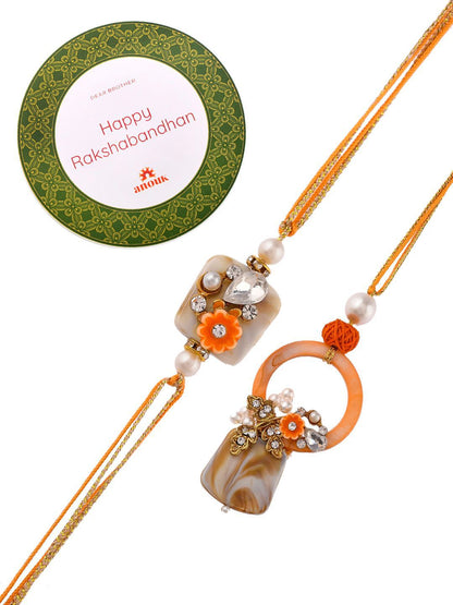 Anouk Orange Beaded Bhaiya Bhabhi Rakhi With Roli Chawal & Greeting Card