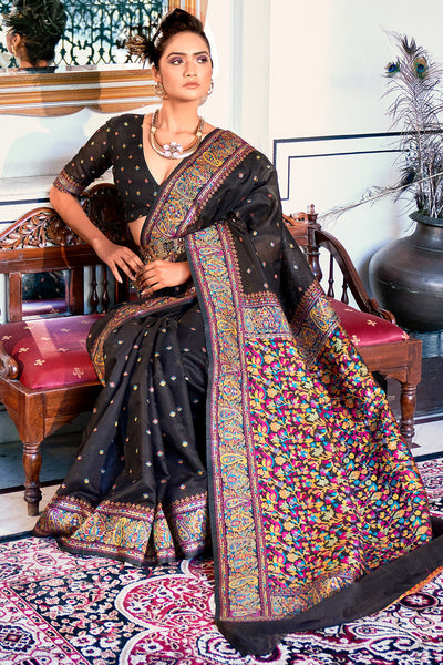Indyancart GR Women's Zoya Obsidian Black Pashmina Modal Silk Saree