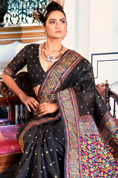 Indyancart GR Women's Zoya Obsidian Black Pashmina Modal Silk Saree
