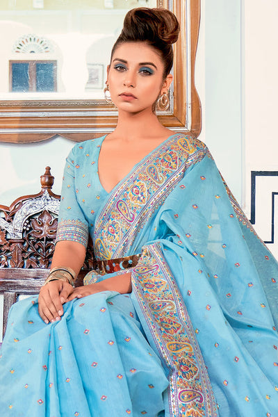 Indyancart GR Women's Zoya Vivid Sky Blue Pashmina Modal Silk Saree