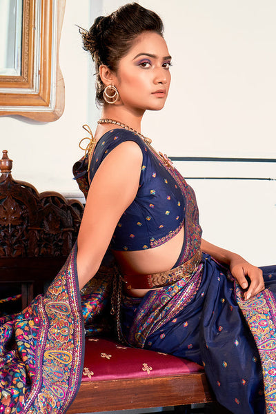 Indyancart GR Women's Zoya Denim Navy Blue Pashmina Modal Silk Saree
