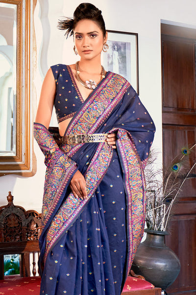 Indyancart GR Women's Zoya Denim Navy Blue Pashmina Modal Silk Saree