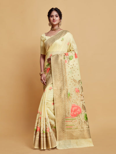 Indyancart GR Women's Gulabo Cream White Woven Jamewar Kashmiri Modal Silk Saree