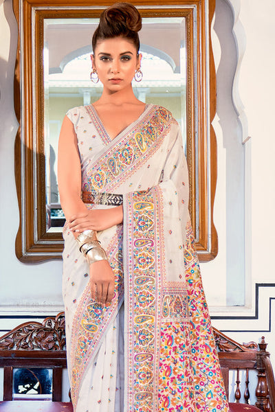 Indyancart GR Women's Zoya Rice White Pashmina Modal Silk Saree