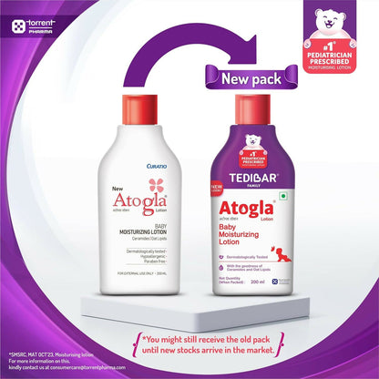 Curatio Tedibar Atogla baby moisturizing lotion bottle, gentle for soft, smooth, and supple baby skin.