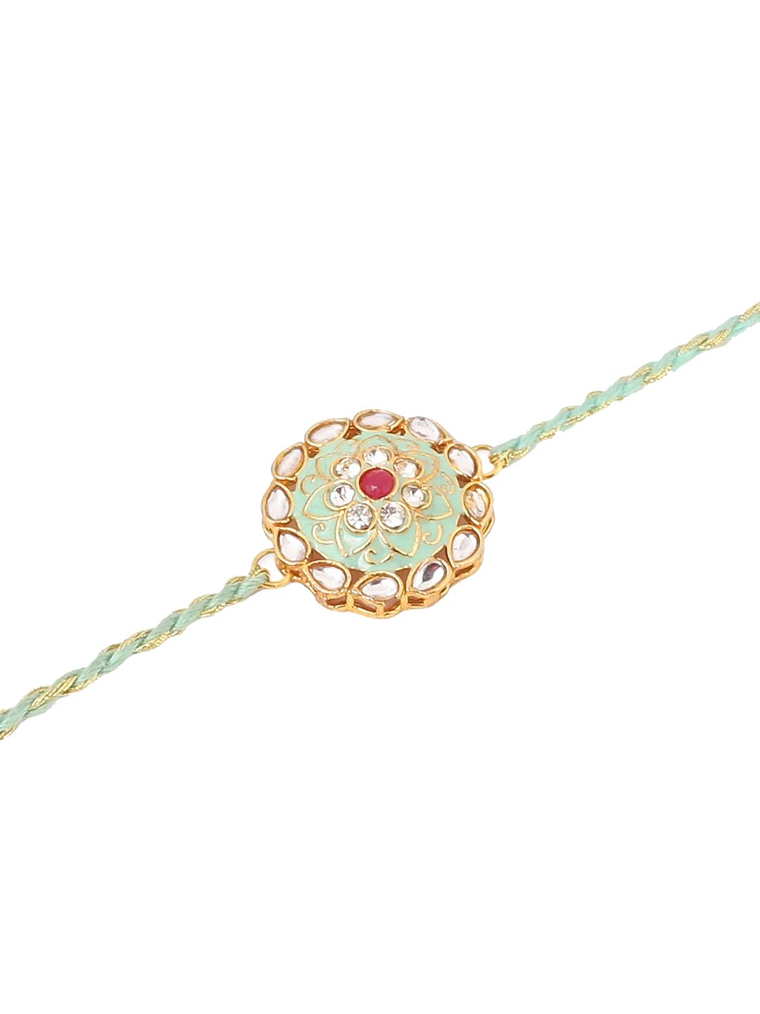 Anouk Men Set Of 2 Peach & Green Kundan Studded Round Floral Design Rakhi With Roli Chawal