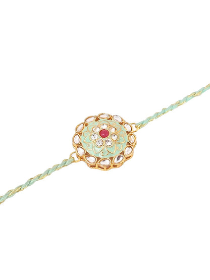 Anouk Men Set Of 2 Peach & Green Kundan Studded Round Floral Design Rakhi With Roli Chawal