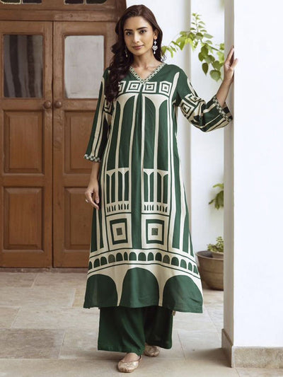 Indyancart IE Women Printed Regula Geometric A-Line Kurta with Palazzos