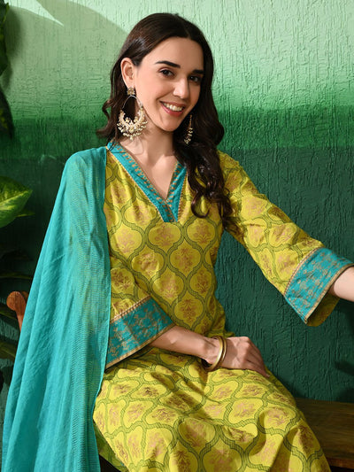 Indyancart SN Women's Printed Straight Kurta & Palazzos With Dupatta