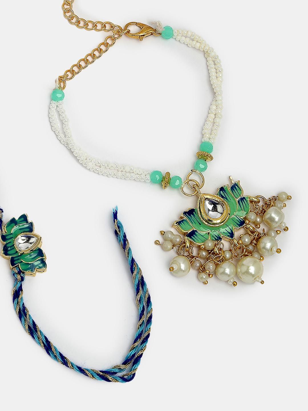 Anouk Unisex Set Of 2 Turquoise Blue Lotus Shape Kundan-Studded Handcrafted Rakhi Set