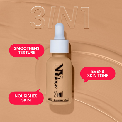 NY Bae 3-in-1 serum foundation with primer in Warm Milk 09, showing the sleek bottle with pump dispenser and product label.