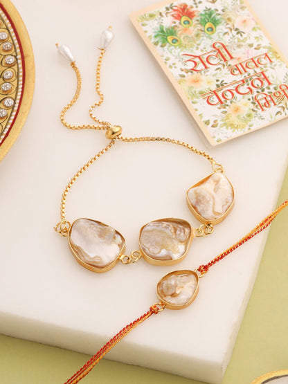 Anouk Set Of 2 Gold Toned Pearls Bhaiya Bhabhi Rakhi With Roli Chawal Chandan Mishri