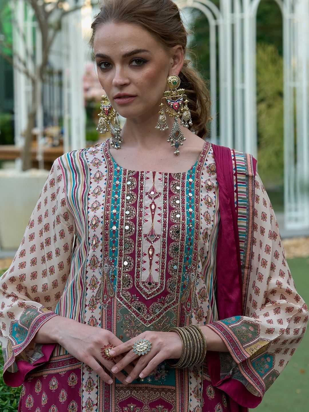 Women Printed Regular Mirror Work Kurta with Palazzos & With Dupatta