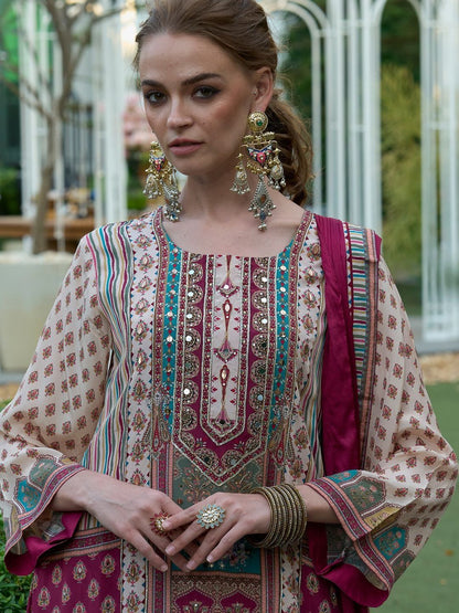 Women Printed Regular Mirror Work Kurta with Palazzos & With Dupatta