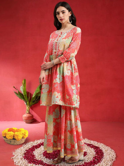 Indyancart VA Women Floral Printed Empire Mirror Work Kurta With Sharara & Dupatta