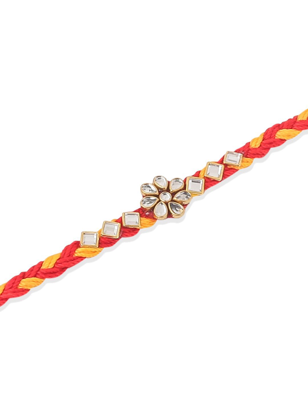 Anouk Men Set Of 6 Red & Yellow Kundan Studded Floral Design Thread Rakhi With Roli Chawal