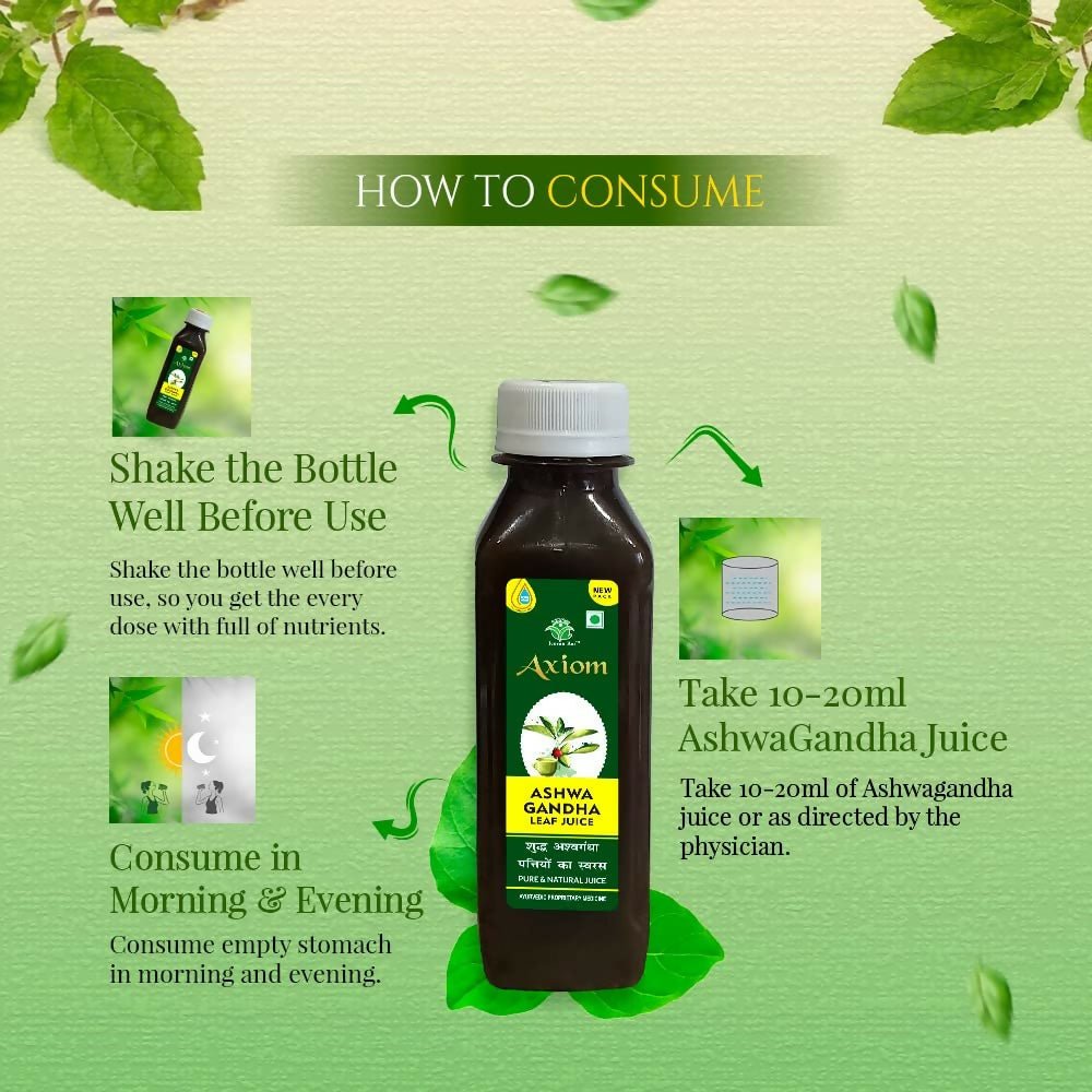 Axiom Ashwagandha leaf juice bottle, Ayurvedic drink with fresh green leaves and natural ingredients in a clear glass bottle.