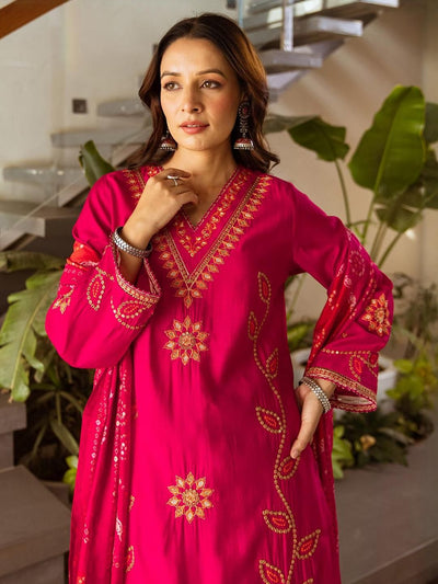Indyancart IE Women Bandhani Embroidered Kurta with Palazzos & Dupatta