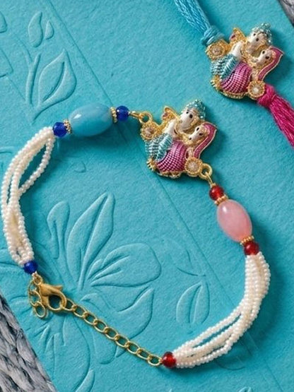 Anouk Set Of 2 Artificial Beads Radha Krishna Bhaiya Bhabhi Rakhi With Roli Chawal Chandan