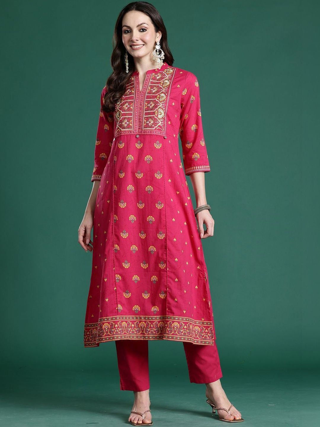 Women Ethnic Motifs Printed Panelled Thread Work Pure Cotton Kurta with Trousers