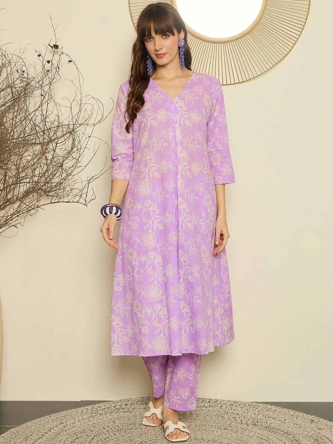 Indyancart IE Printed A-Line Pure Cotton Tunic With Trousers