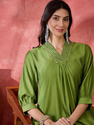 Indyancart SN Women's Floral Embroidered V-Neck Mirror Work A-Line Kurta With Palazzo