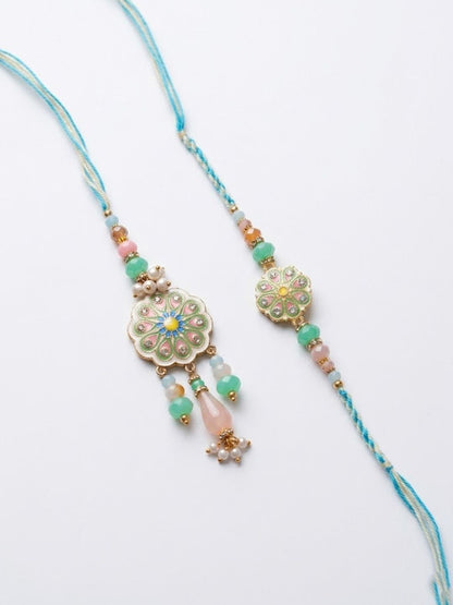 Anouk Set Of 2 Round Artificial Beads Traditional Bhaiya Bhabhi Rakhi With Roli Chawal