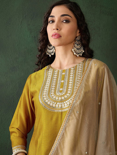 Indyancart SN Women's Mustard Yellow Floral Embroidered Zari A-line Kurta With Trousers & Dupatta