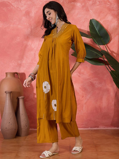 Dhiyona SN Women's Floral Embroidered V-Neck Mirror Work A-Line Kurta With Palazzo