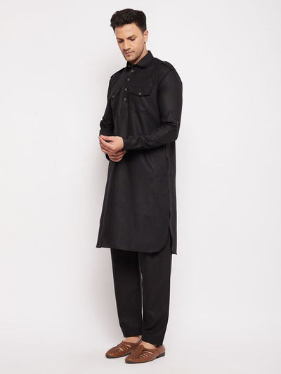Men's Black Cotton Blend Pathani Pathani Kurta Set