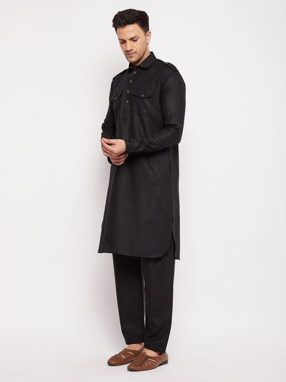Men's Black Cotton Blend Pathani Pathani Kurta Set