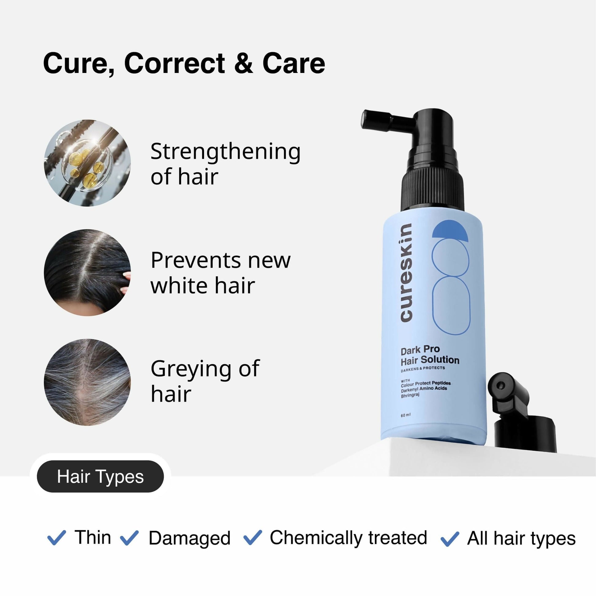 Cureskin Dark Pro Hair Solution natural hair darkener with color protection, shown in a bottle with dark liquid for hair coloring.