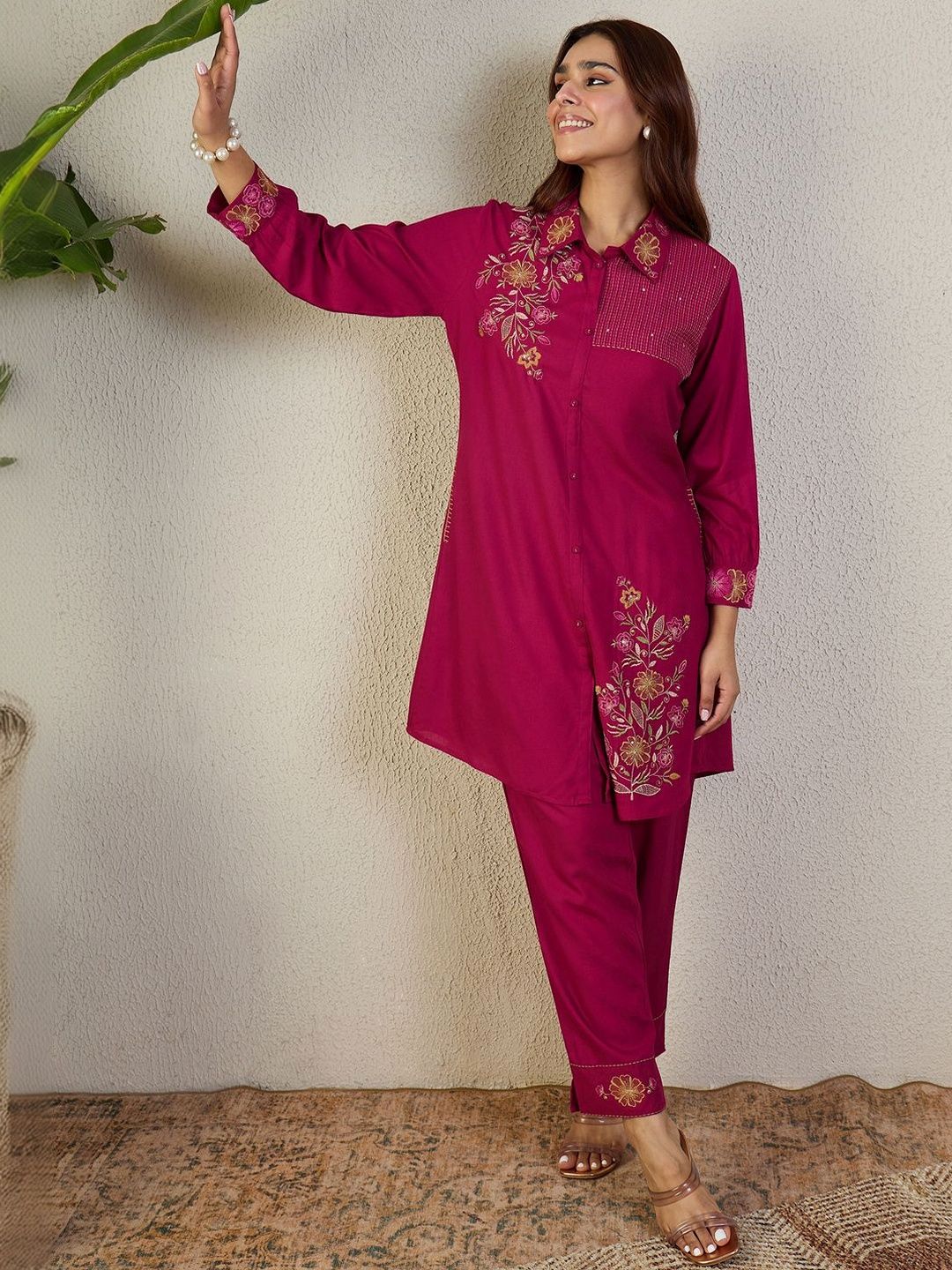 Indyancart IE Embroidered Pure Cotton Tunic With Trouser Co-Ords