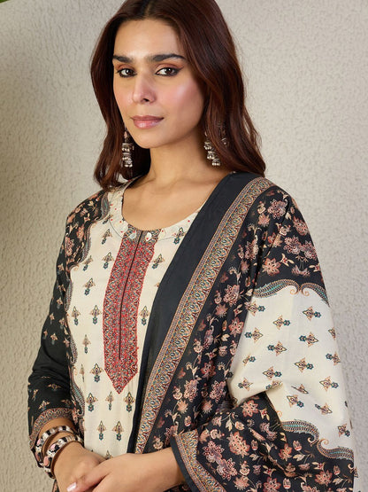 Ethnic Motifs Printed Round Neck Thread Work Pure Cotton Kurta Trousers & Dupatta