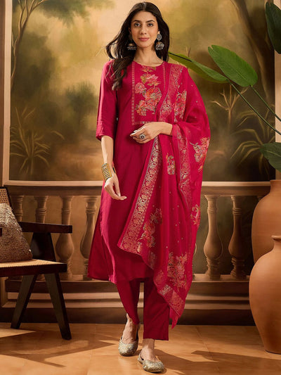Indyancart SN Women's Floral Printed Round Neck Kurta With Trousers & Dupatta Set