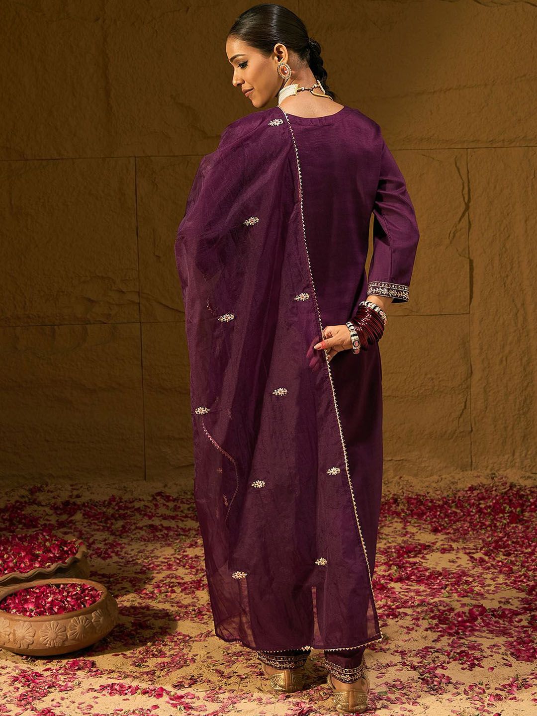 Indyancart IE Burgundy Floral Embroidered Straight Kurta with Trousers & Dupatta