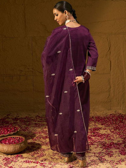 Indyancart IE Burgundy Floral Embroidered Straight Kurta with Trousers & Dupatta