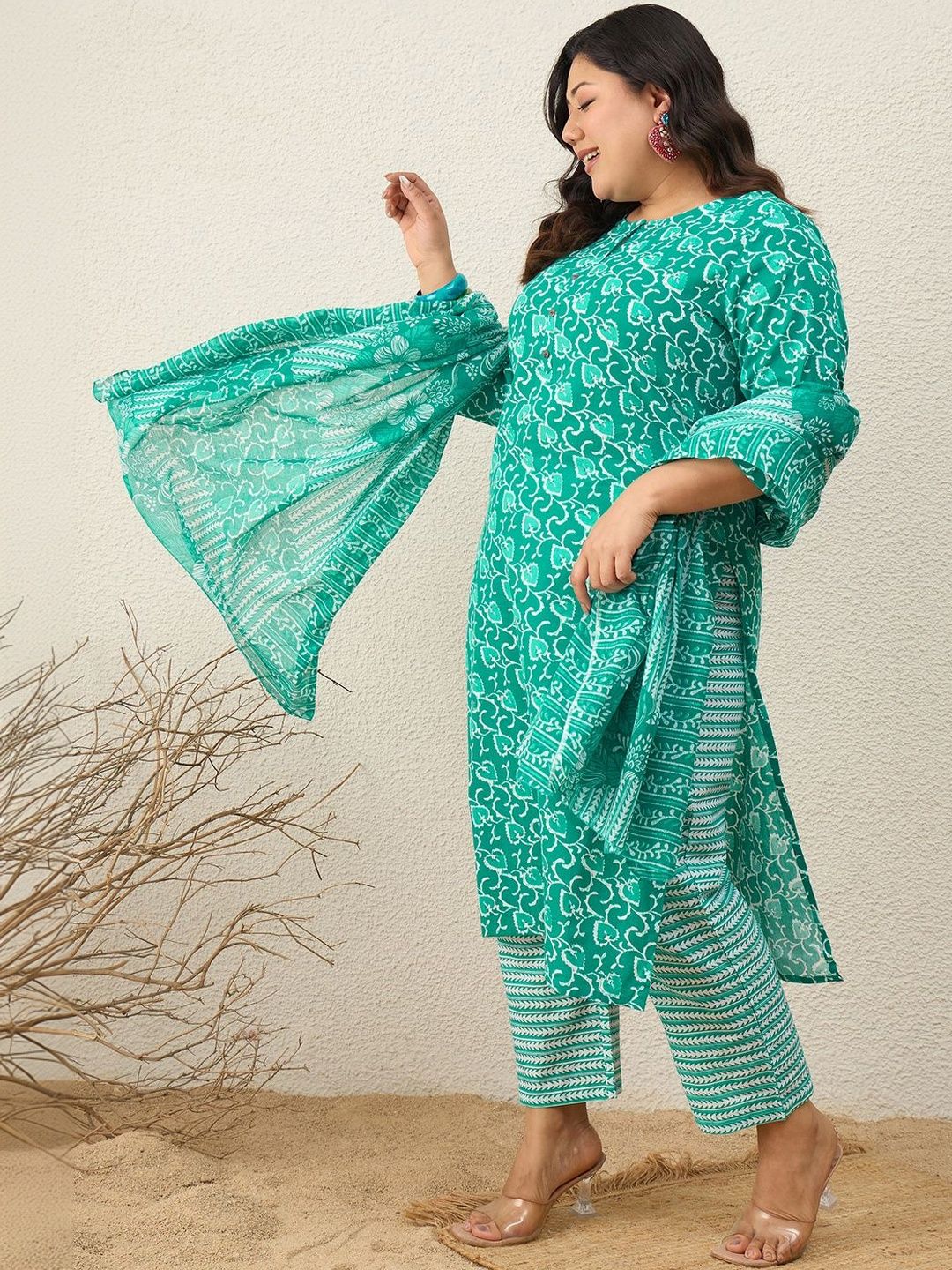 Dhiyona Women's Ethnic Motifs Printed Regular Kurta with Trousers & With Dupatta