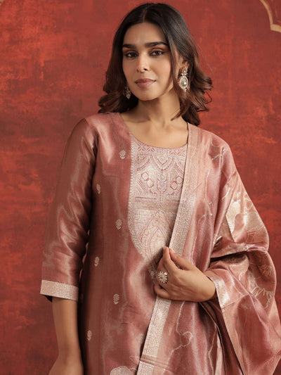 Indyancart IE Ethnic Motifs Woven Design Zari Straight Kurta With Trousers & Dupatta