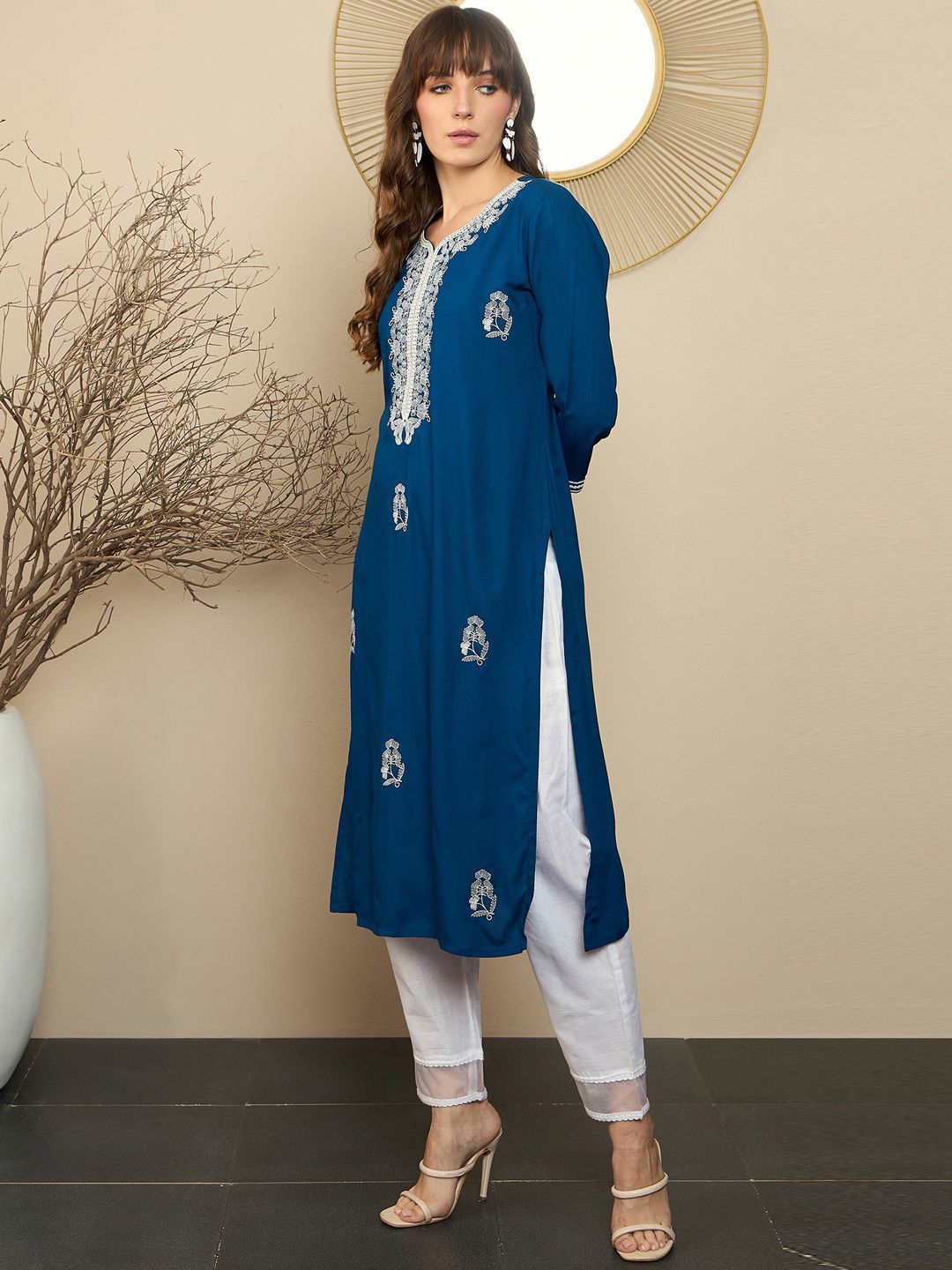 Indyancart IE Pack of 2 Ethnic Motifs Embroidered Straight Kurta