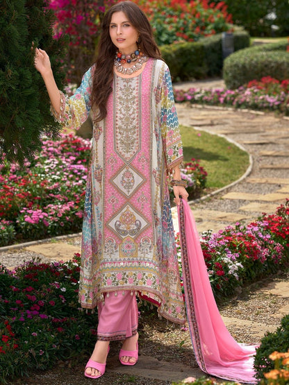 Ethnic Motifs Printed Mirror Work Liva Kurta With Trouser & Dupatta