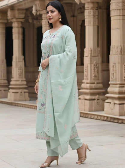 Floral Embroidered Thread Work Pure Cotton Straight Kurta & Trousers With Dupatta