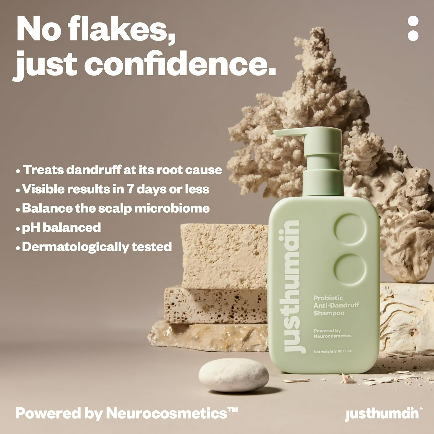 JustHuman Probiotic Anti Dandruff Shampoo bottle with label, showcasing the product's natural and soothing hair care formula.