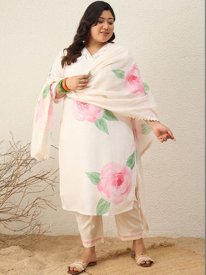 Indyancart Women's Floral Printed Regular Kurta with Trousers & With Dupatta