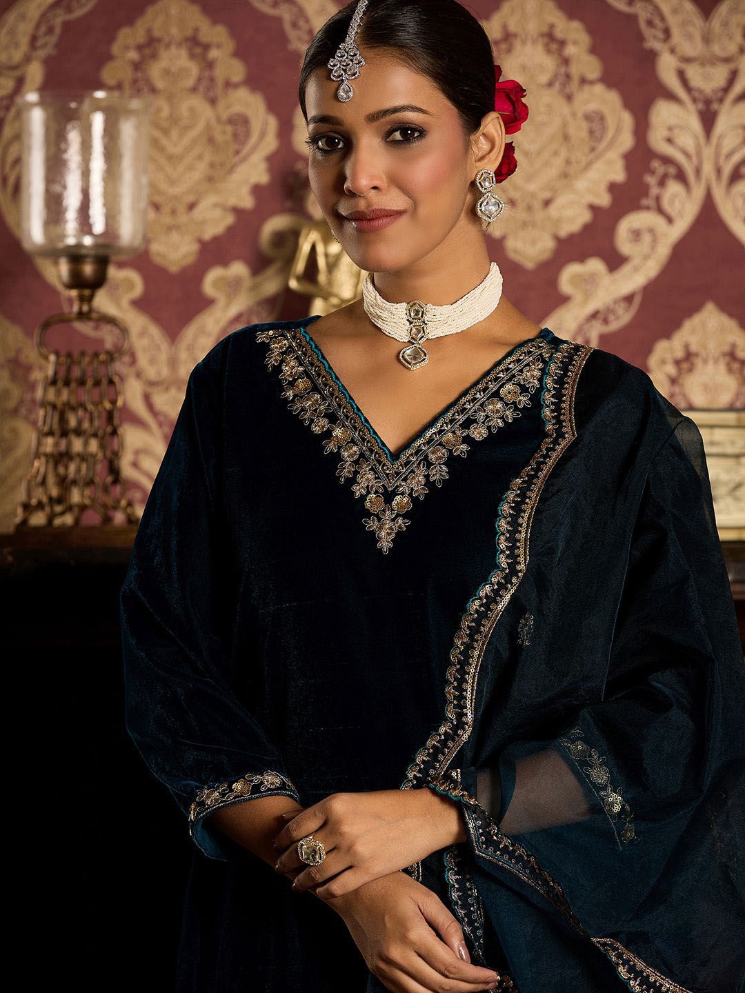 Indyancart IE Ethnic Motifs Embroidered Yoke Design Zari Liva Kurta With Trousers & Dupatta